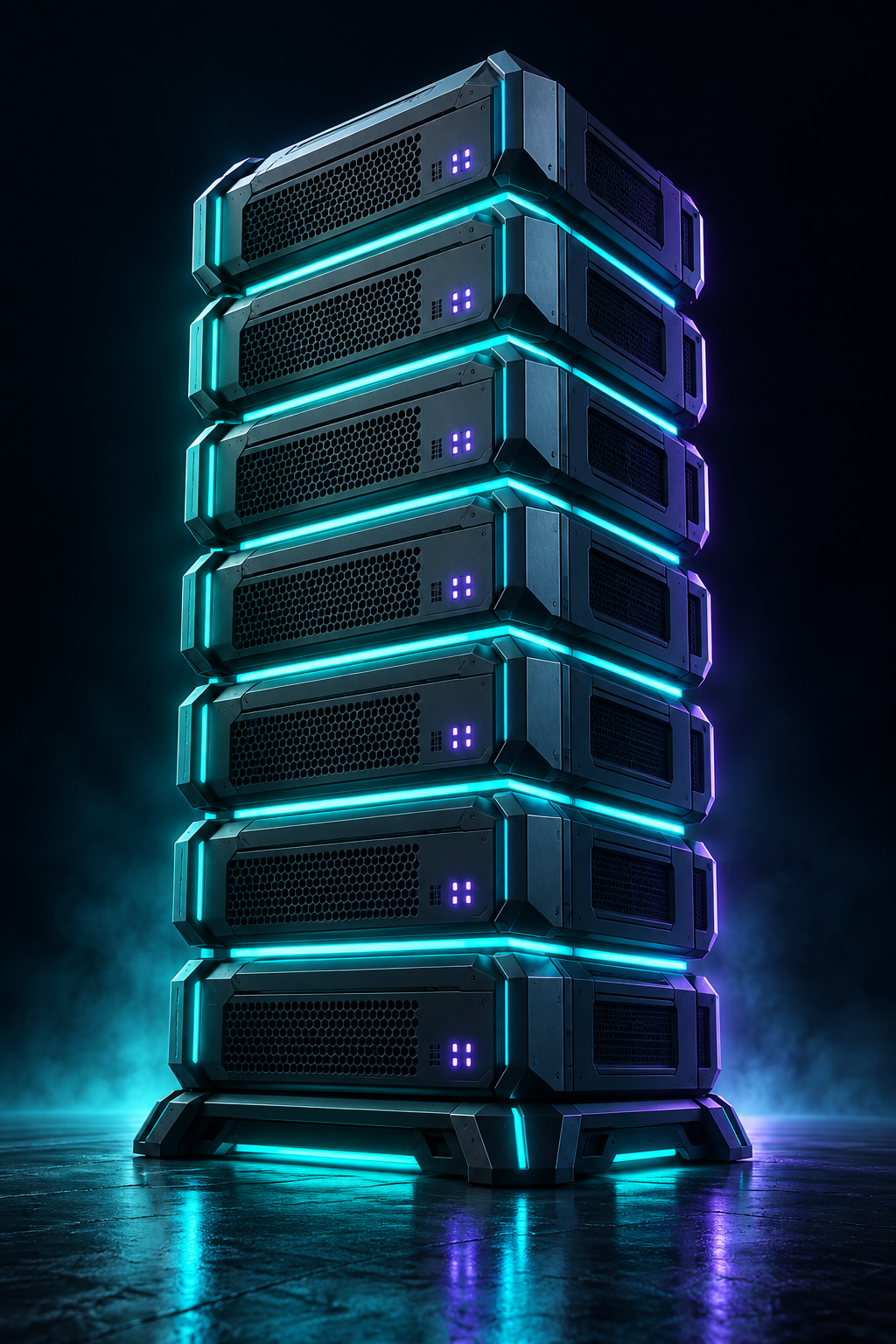 A tall graphite server tower with glowing cyan edges and violet lights